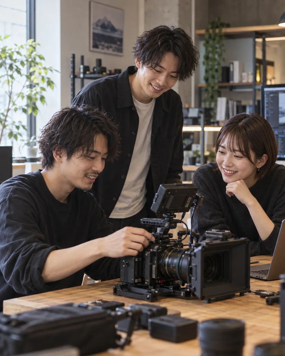 撮影機材を囲んで話すNuMBerSのスタッフ